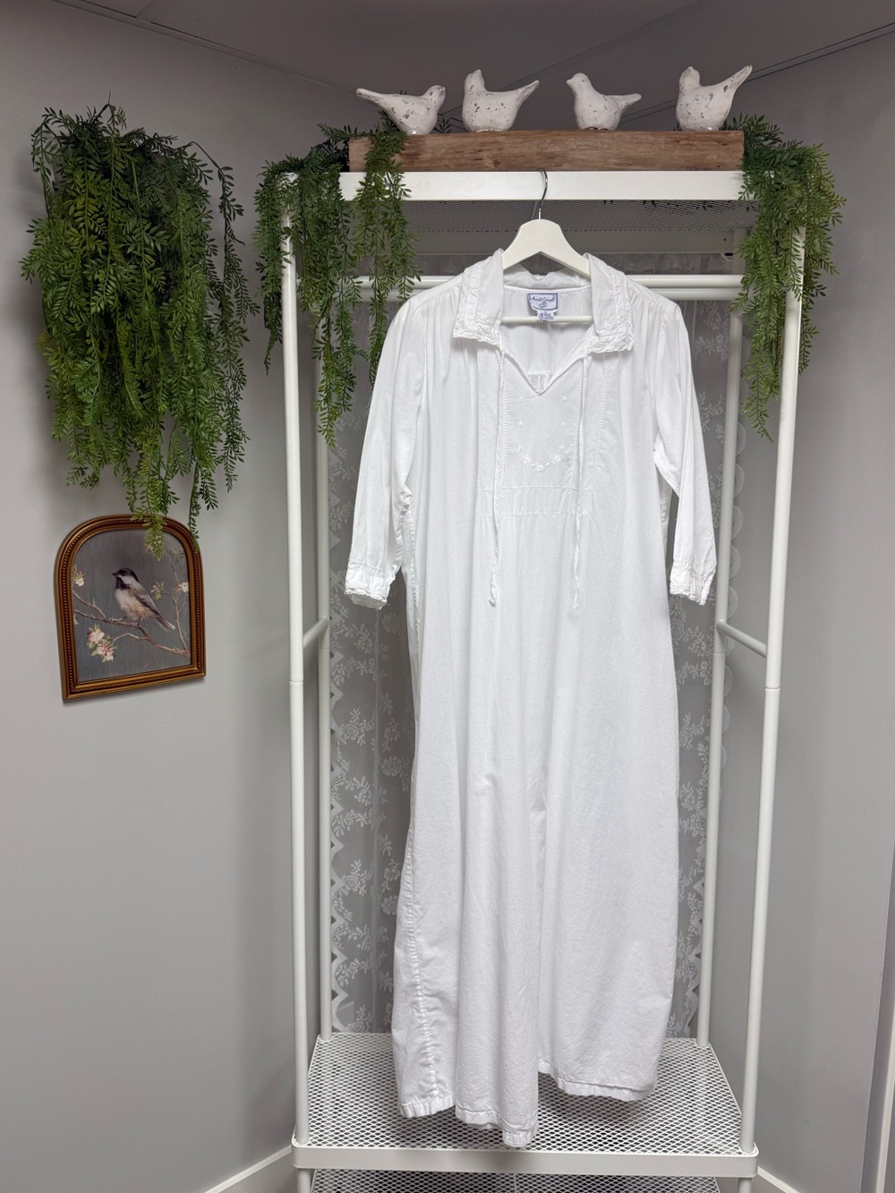 April Cornell White Cotton Victorian Nightgown Vintage Long Maxi Lace Nightie SM